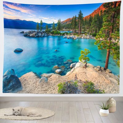 BELECO Mountain Lake Tapestry 118x78 Inch Blue Lake Ocean Tapestry Sand Beach Green Forest Pine Trees Landscape Nature Tapestry Wall Hanging for Bedroom Aesthetic Living Room Dorm Decor