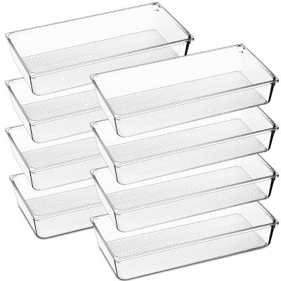 Unittype 8 Pcs Plastic Drawer Organizer Bins 12 x 6 x 2 Inch Clear Drawer Organizers Stackable Rectangle Trays Vanity Drawers Organizers Drawers Dividers for Office Desk Refrigerator Kitchen