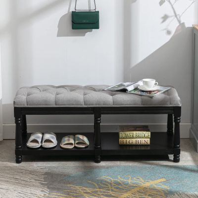 Janoray Farmhouse Storage Bench Wooden Entryway Linen Upholstered Ottoman Button Tufted Bench with Black Legs for Bedroom End of Bed Hallway Organizer, Grey, 45 Inch