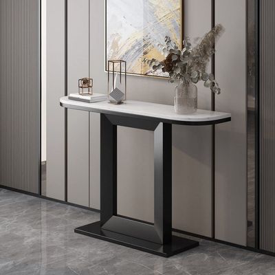 KWOKING Glam Marble Console Table Iron Half Moon Console Sofa Table for Hall Semi-Circular Desktop Square Shape Base Porch Table Ultra-Narrow Case Entrance Hall Cabinet Black 63" L x 12" W x 31" H