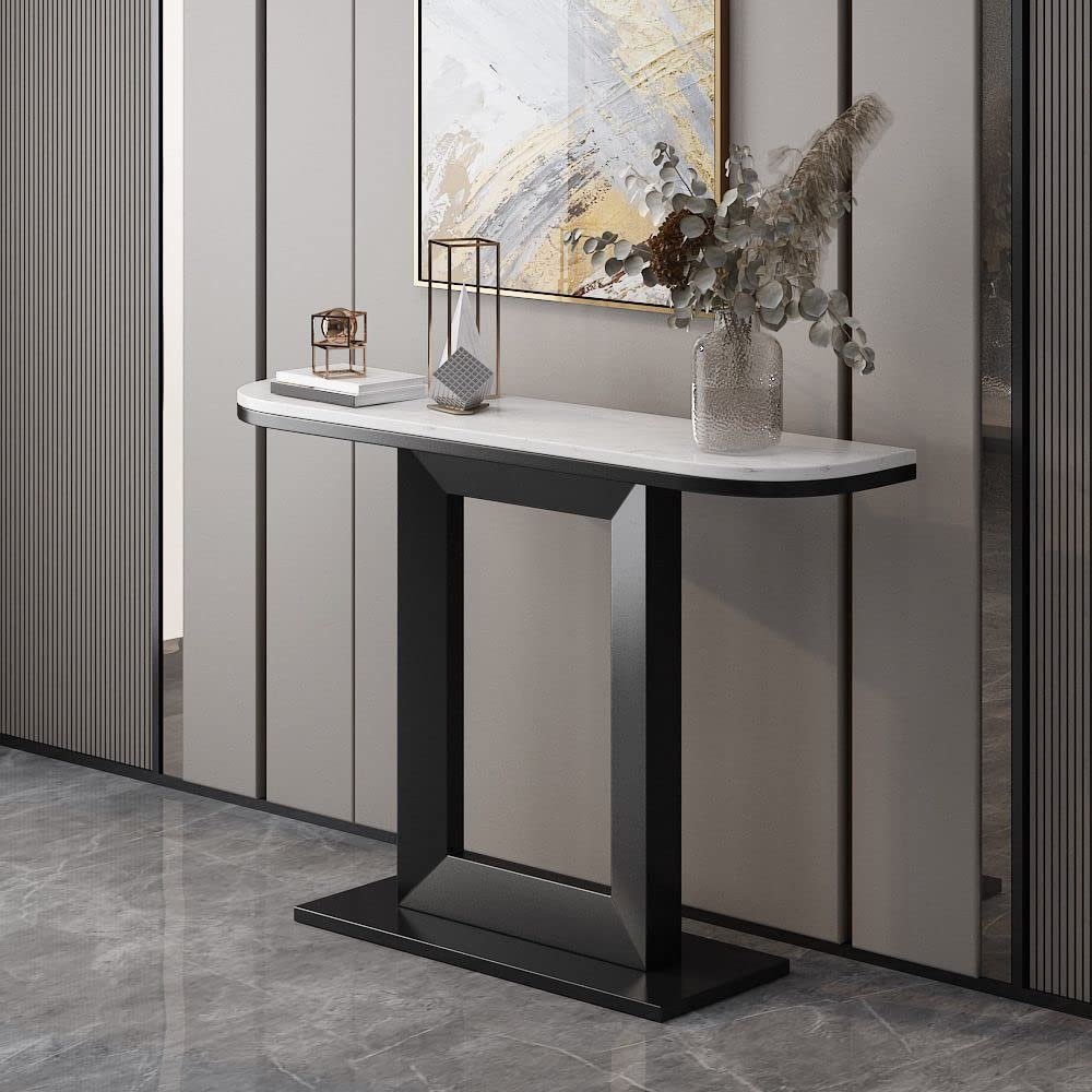 KWOKING Glam Marble Console Table Iron Half Moon Console Sofa Table for Hall Semi-Circular Desktop Square Shape Base Porch Table Ultra-Narrow Case Entrance Hall Cabinet Black 63" L x 12" W x 31" H