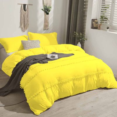 1 Piece Boho Chic Pom Pom Design Comforter, All Season Down Alternative Bedding Comforter - (Twin/Twin XL Size, Yellow) 1000 Thread Count | 550 GSM Filling