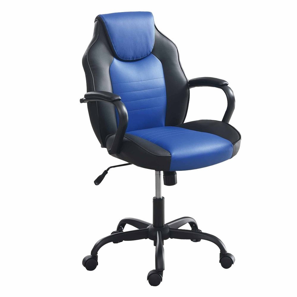 Benjara Rue 27 Inch Ergonomic Office Chair, Faux Leather Swivel Seat, Black and Blue