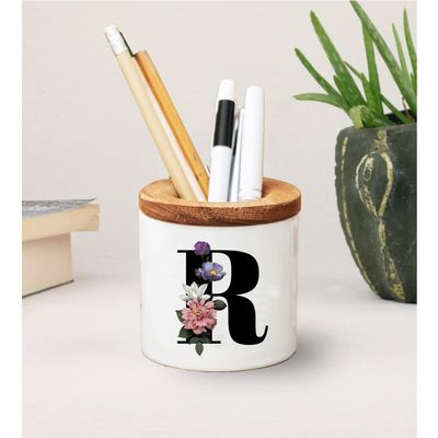 Personalized Pencil Cup, Script Monogram Pen and Pencil Holder + snap-on wood lid, Custom Letter Mug, Initial A to Z,Monogram Coffee Mug,Mom (Primary color: Black, Letter: C)