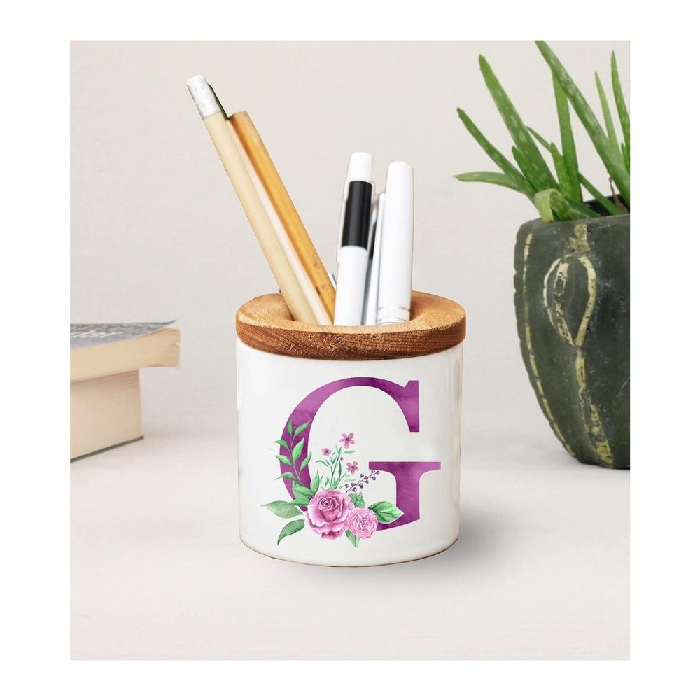 Personalized Pencil Cup, Script Monogram Pen and Pencil Holder + snap-on wood lid, Custom Letter Mug, Initial A to Z,Monogram Coffee Mug,Mom (Primary color: Purple, Letter: C)