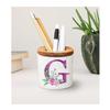 Personalized Pencil Cup, Script Monogram Pen and Pencil Holder + snap-on wood lid, Custom Letter Mug, Initial A to Z,Monogram Coffee Mug,Mom (Primary color: Purple, Letter: C) view 1