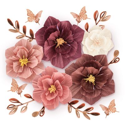 3D Paper Flowers Decorations for Wall, Handmade Artificial Flower Bouquet with Leaves and Butterflies for Wedding Backdrop Photo Wall Decor, Home Decor, Party Backdrop (19 Pieces) (Rose Gold)
