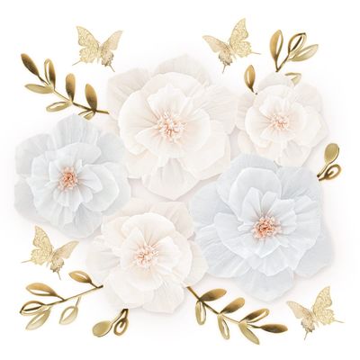 3D Paper Flowers Decorations for Wall, Handmade Artificial Flower Bouquet with Leaves and Butterflies for Wedding Backdrop Photo Wall Decor, Home Decor, Party Backdrop (19 Pieces) (White)