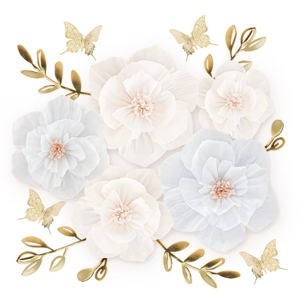 3D Paper Flowers Decorations for Wall, Handmade Artificial Flower Bouquet with Leaves and Butterflies for Wedding Backdrop Photo Wall Decor, Home Decor, Party Backdrop (19 Pieces) (White)