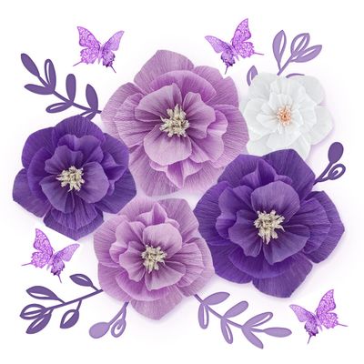 3D Paper Flowers Decorations for Wall, Handmade Artificial Flower Bouquet with Leaves and Butterflies for Wedding Backdrop Photo Wall Decor, Home Decor, Party Backdrop (19 Pieces) (Purple)
