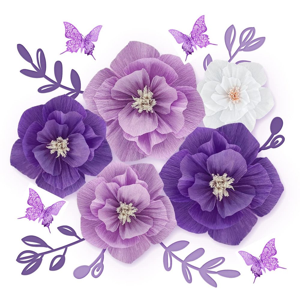 3D Paper Flowers Decorations for Wall, Handmade Artificial Flower Bouquet with Leaves and Butterflies for Wedding Backdrop Photo Wall Decor, Home Decor, Party Backdrop (19 Pieces) (Purple)