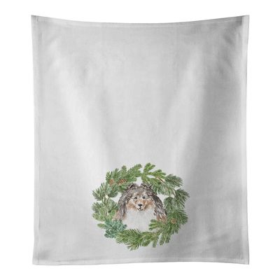 Caroline's Treasures CK8902WTKT Sheltie/Shetland Sheepdog Tricolor Smiling #1 Christmas Wreath White Kitchen Towel Set of 2 Dish Towels Decorative Bathroom Hand Towel for Hand, Face, Hair, Yoga, Tea,