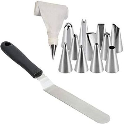 Anjali Enterprises Cake Decoration Tools 2 in 1 Combo of 12 Pcs Nozzles Set with Icing Bag and 1 Pcs Cake Pallet Knife
