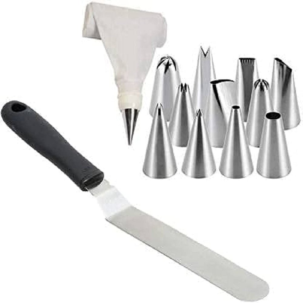 Anjali Enterprises Cake Decoration Tools 2 in 1 Combo of 12 Pcs Nozzles Set with Icing Bag and 1 Pcs Cake Pallet Knife