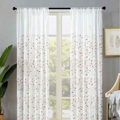 HooHero High Grade Small Leave Embroidered Sheer Curtains Rod Pocket for Living Kids Room Bedroom Nursery(2 Panels, W 50 x L 84 inch, Beige)