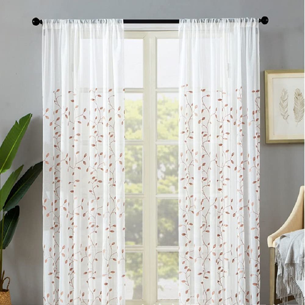 HooHero High Grade Small Leave Embroidered Sheer Curtains Rod Pocket for Living Kids Room Bedroom Nursery(2 Panels, W 50 x L 84 inch, Beige)