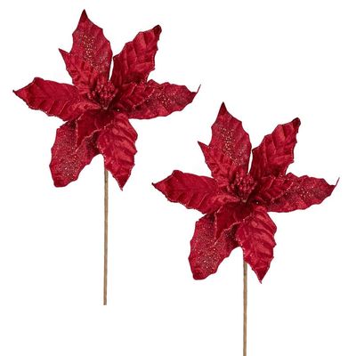 Factory Direct Craft Pack of 2 Sparkling Burgundy Velvet Artificial Poinsettia Stems Burgundy Glittered Poinsettia Picks for Christmas Tree Decorations and Holiday Home Decor