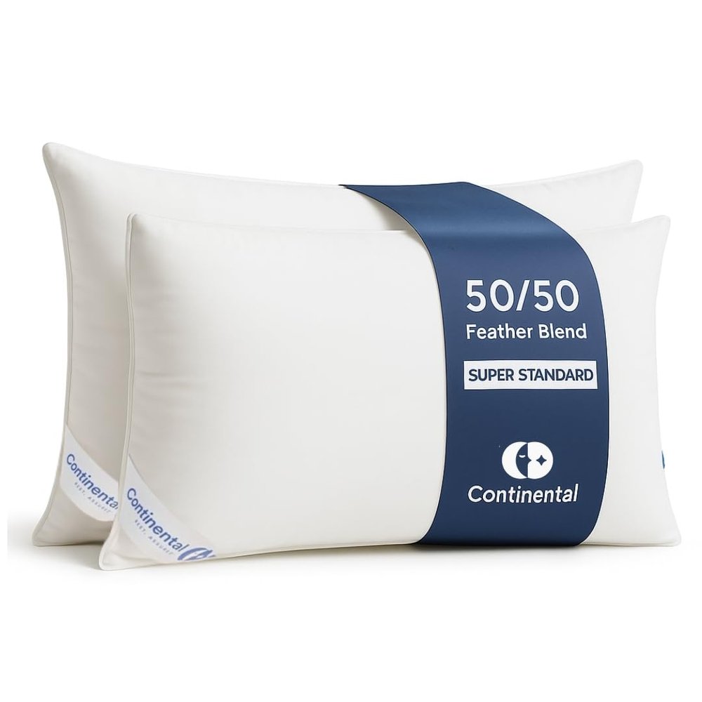 Continental Bedding 50/50 Down Feather Pillow, Fluffy Hotel Quality Side Sleeper Support, Breathable 300TC Cotton, RDS and Oeko TEX Certified
