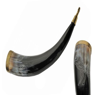 15-18oz Stallion Engraved Black/Brass Horn Viking/Medieval Style Beer/Mead/Grog/Wine Drinking Horn