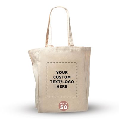 DISCOUNT PROMOS Custom Cotton Canvas Tote Bags (Set of 50) - Personalized, Reusable & Eco-Friendly - Perfect for Grocery, Promotions, Branding - Natural Color, 14.25"X15.5"X5", 10 OZ Cotton