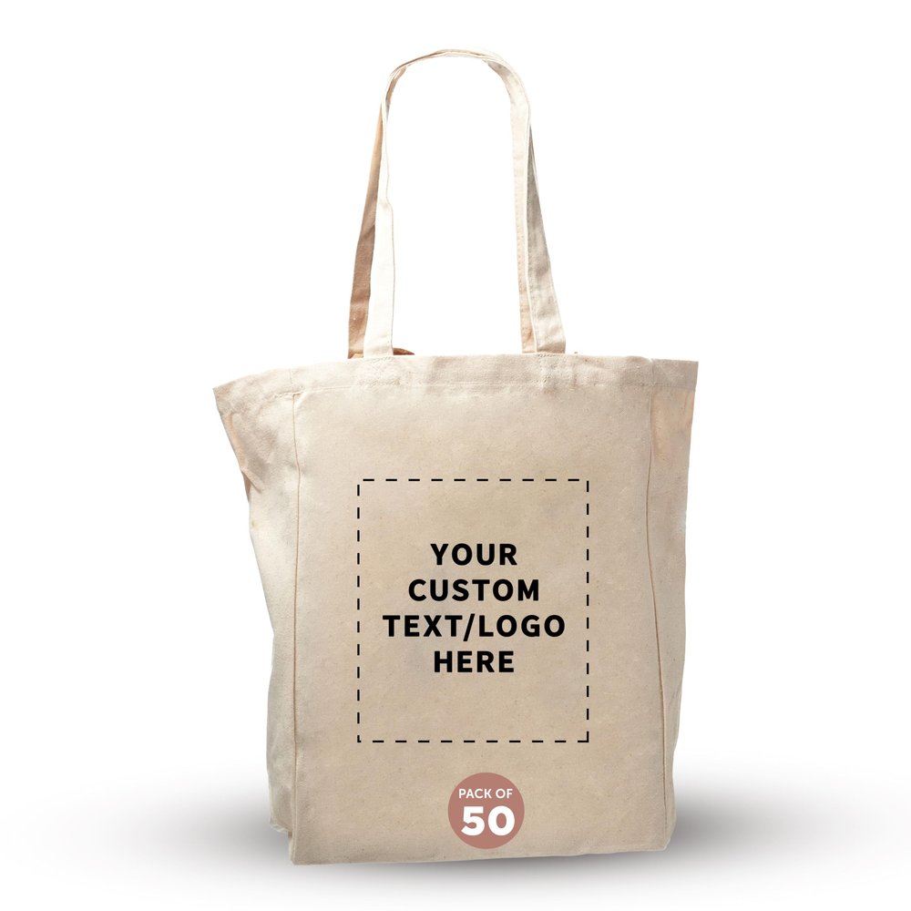 DISCOUNT PROMOS Custom Cotton Canvas Tote Bags (Set of 50) - Personalized, Reusable & Eco-Friendly - Perfect for Grocery, Promotions, Branding - Natural Color, 14.25"X15.5"X5", 10 OZ Cotton
