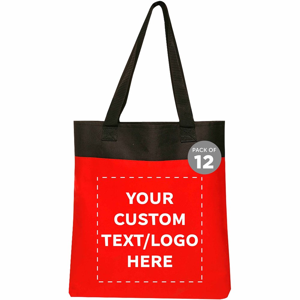 DISCOUNT PROMOS Custom Two Tone Deluxe Tote Bags Set of 12, Personalized Bulk Pack - Reusable, Great for Shopping, Grocery, Beach, Picnic, Wedding Favors - Red