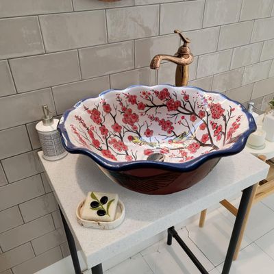 Bathroom Vanity Vessel Bird Sink, Bird & Sakura Washbasin, Half Bathroom Sink, Decorative Sink, Ceramic Bathroom Decor, Bathroom Remodeling