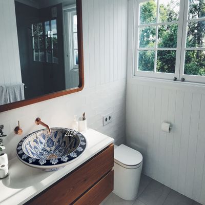 Round Blue & White Bathroom Vanity Top Sink, Flower Wash Basin, Half Bathroom Ceramic Sink, Bleu Blanc Drop-in Sink, Powder Room Remodeling
