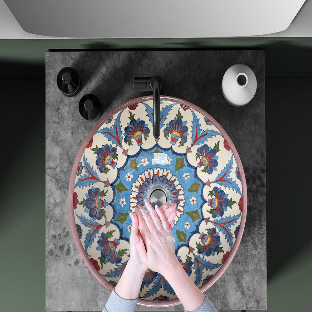 Bathroom Vanity Vessel Sink, Flower Washbasin, Half Bathroom Sink, Pottery Round Decorative Sink, Ceramic Bathroom Deco, Bathroom Remodeling