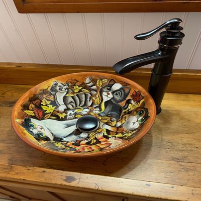 Bathroom Cats Vessel Sink, Animal Washbasin, Half Bathroom Pottery Round Sink, Ceramic Bathroom Hand Crafted Sink, Guest Bathroom Remodeling