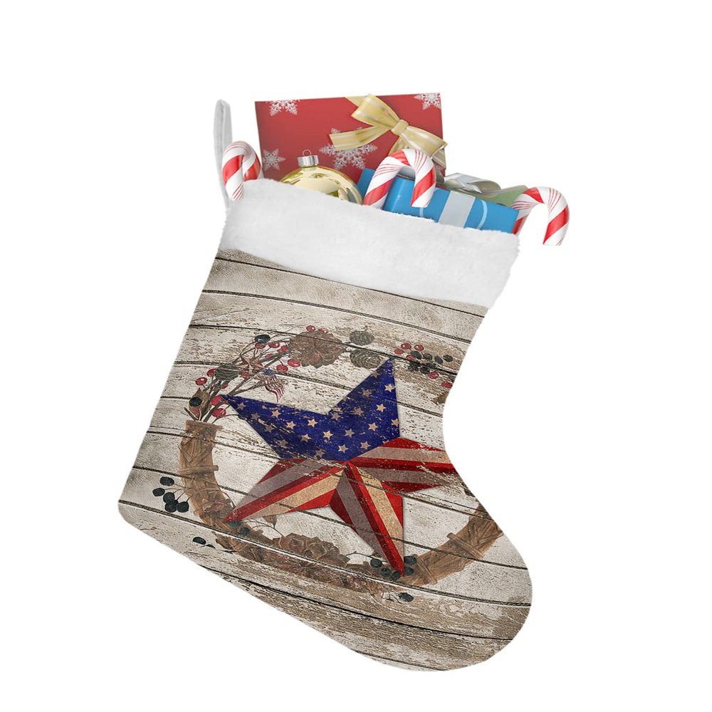 Christmas Stockings American Flag Stars Farm Berry Wreath Fireplace Hanging Decorations Xmas Tree Stocking Country Rustic Wood Grain Personalized Sock for Family Holiday Season Party Home Decor