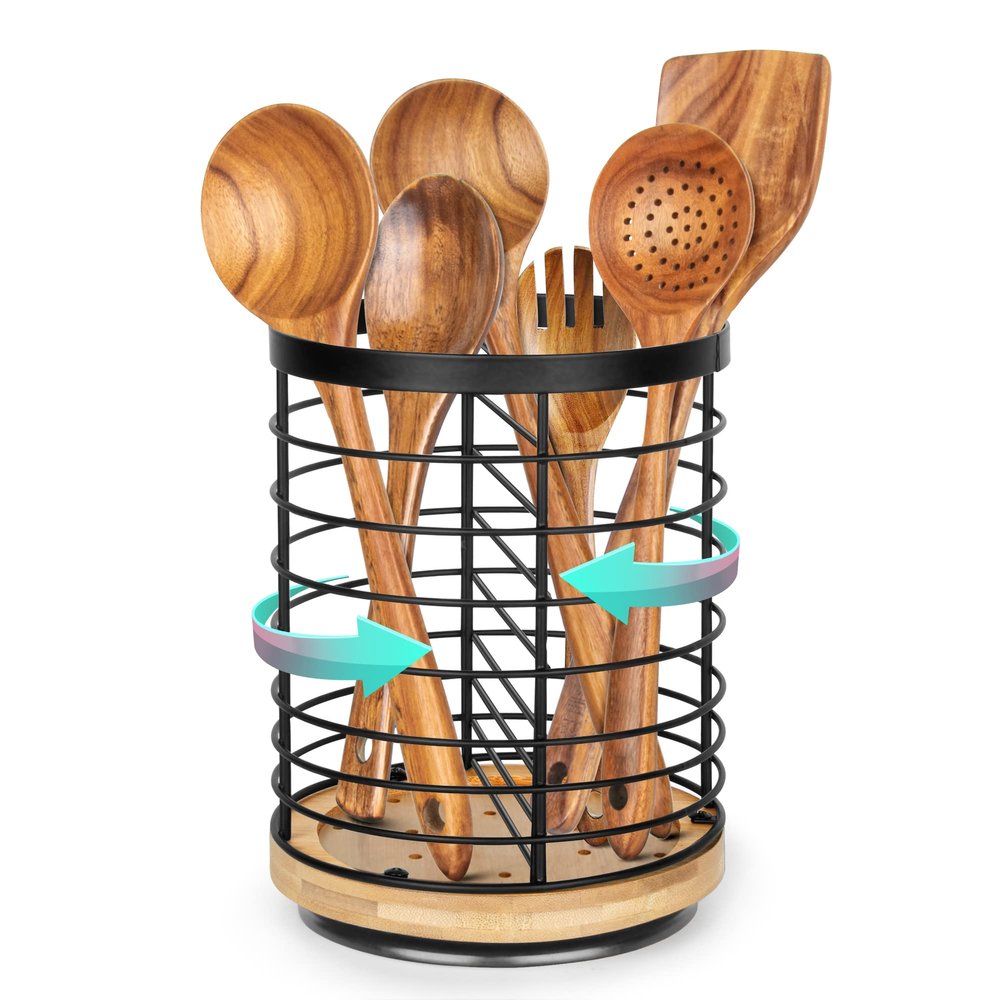 Toosci Utensil Holder for Kitchen Counter - 7.2" Large Rotating Utensil Crock, Wooden + Metal Base, Countertop Cooking Tool Spatula Organizer