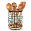 Toosci Utensil Holder for Kitchen Counter - 7.2" Large Rotating Utensil Crock, Wooden + Metal Base, Countertop Cooking Tool Spatula Organizer view 1