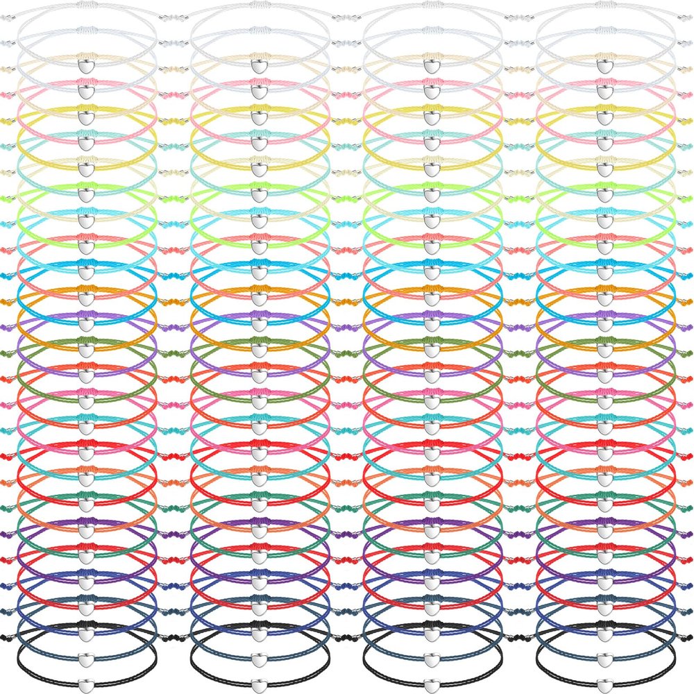 Cunno 100 Pcs Heart Friendship Bracelets Bulk for Kids Wish Bracelets Colorful Adjustable String Motivational Jewelry Gifts for Women Girls Valentine's Galentine's Gifts