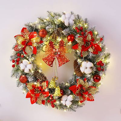20 Inch Christmas Wreath for Front Door, Artificial Christmas Wreaths with Pine Cones Bells Balls, Winter Wreaths Decoration for Outdoor Indoor Window Wall