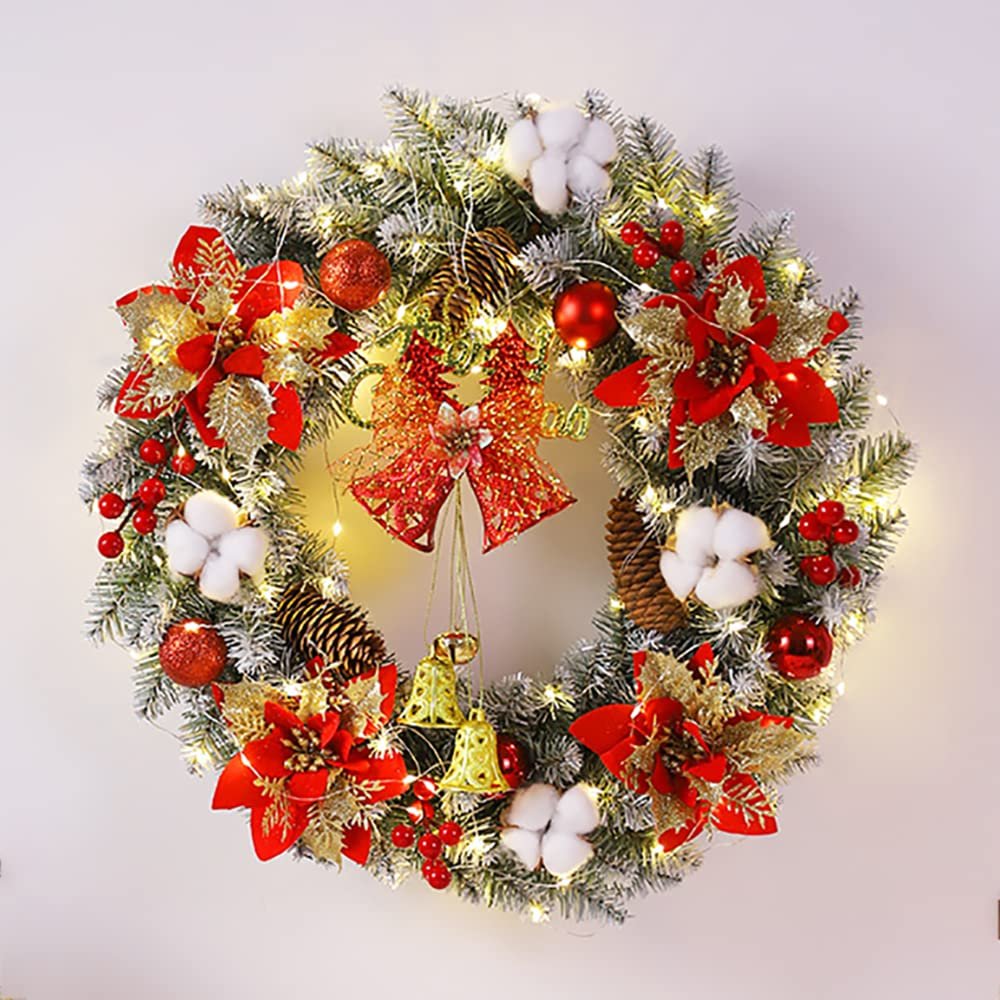 20 Inch Christmas Wreath for Front Door, Artificial Christmas Wreaths with Pine Cones Bells Balls, Winter Wreaths Decoration for Outdoor Indoor Window Wall