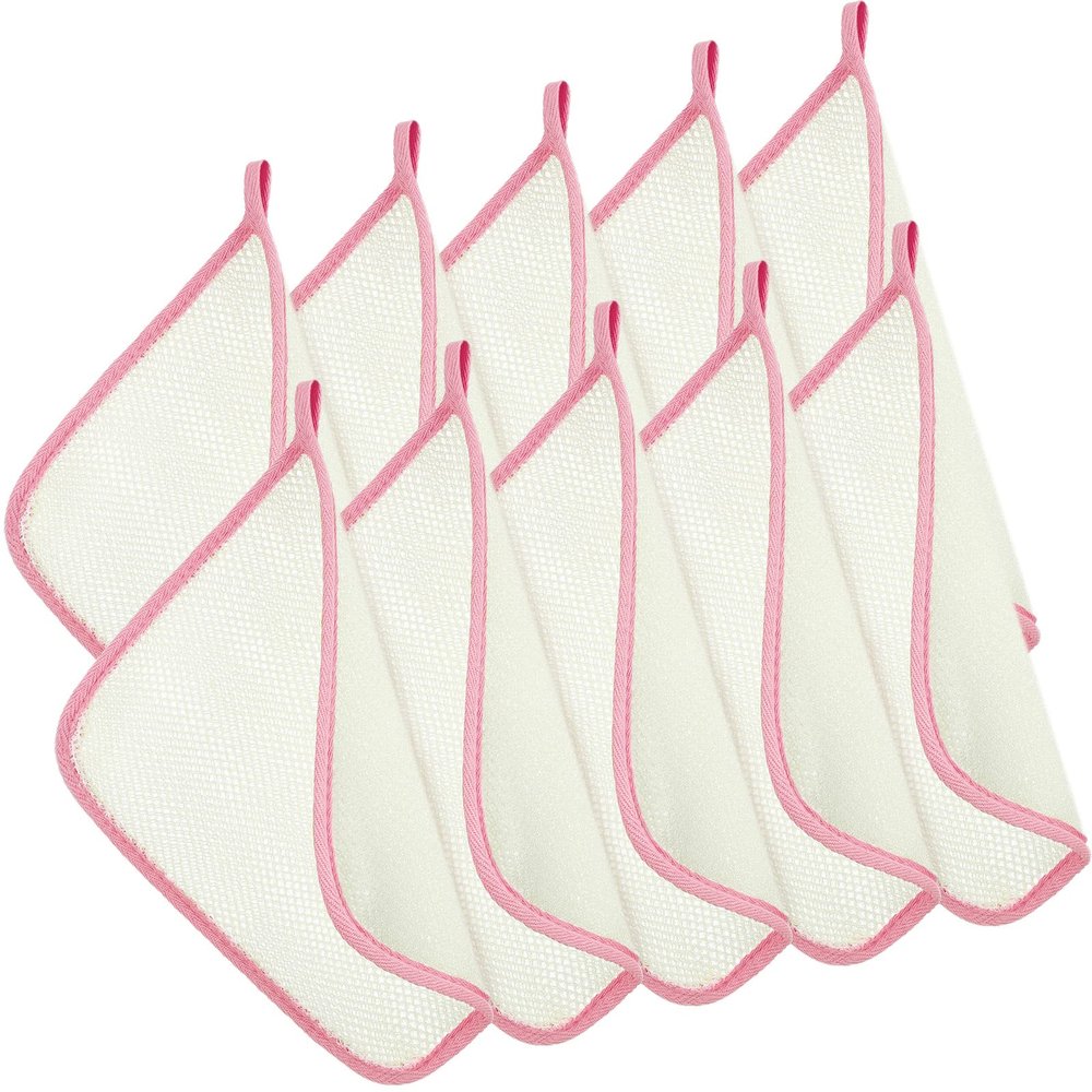 Tatuo 10 Count Popup Closed Exfoliating Wash Cloths for Body and Face Facial Bath Scrub Soft Weave Loofah Towel Exfoliate Bath Towel Remove Dead Skin Wash Cloth for Women Man (Pink Edge)