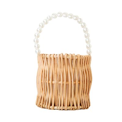 KAYKAI Woven Rattan Storage Basket with Pearl Handles,Wedding Flower Girl Baskets,Straw Beach Bags Purse Wicker Tote with Drawstring Closure for Women,Round 6x5.5 In