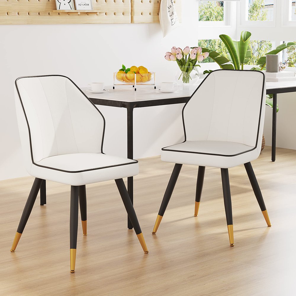 Andeworld Upholstered Dining Chairs Set of 2, Mid Century Modern Accent Chair, PU Leather Armless Leisure Side Chair with Golden Metal Legs for Dining Living Room-White