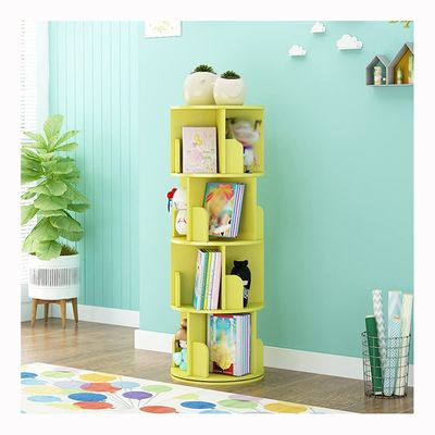 360 Degree Rotating Kids Bookshelf, Toy Picture Books CD Storage Floor Bookshelf, Space Saving Corner Bookcase, Best Birthday Gift (Color : Yellow, Size : 4 Tier)