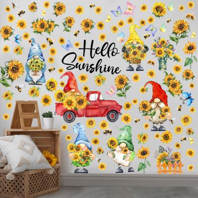 Capoda 122 Pcs 6 Sheets Spring Wall Stickers Summer Window Clings Gnome Sunflower Wall Decals Gnome Truck Decoration Garden Floral Wallpaper Sticker for Spring Summer Home Office Classroom Reward
