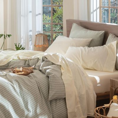 MooMee Bedding Sheet Set 100% Washed Cotton Linen Like Textured Breathable Durable Soft Comfy (Solid Cream White, Queen)