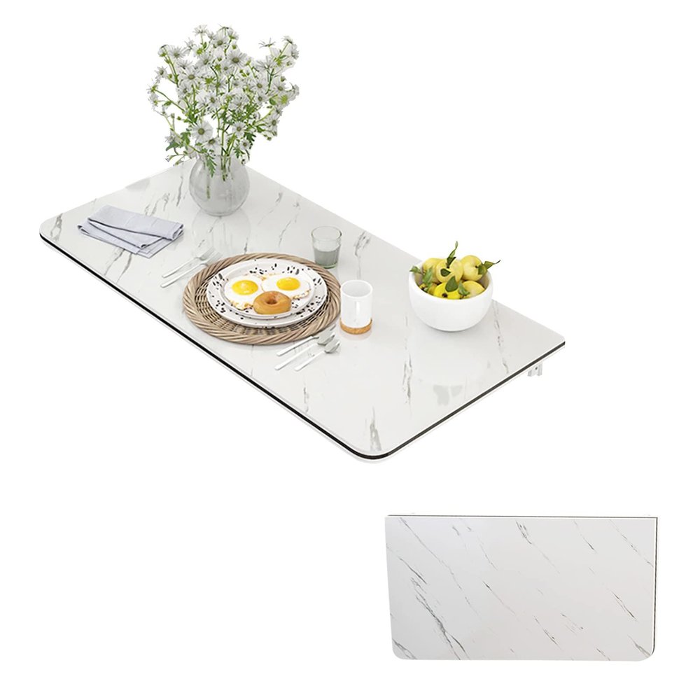 Wall Mounted Floating Folding Table Marble Pattern Wall Mounted Desk Wood Wall Mounted Dining Table White Work Benches Space Saving For Home Office/Laundry Room/Garage/Study Or Kitchen ( Size : 35inch