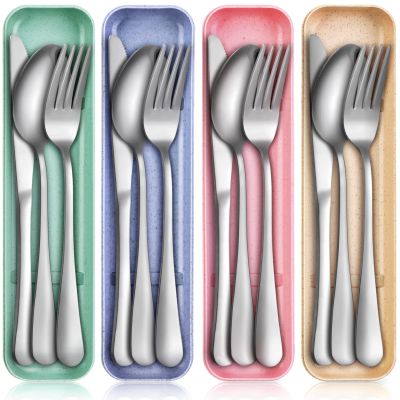 Yinkin 4 Pack Travel Silverware Set with Case for Lunch,Beige