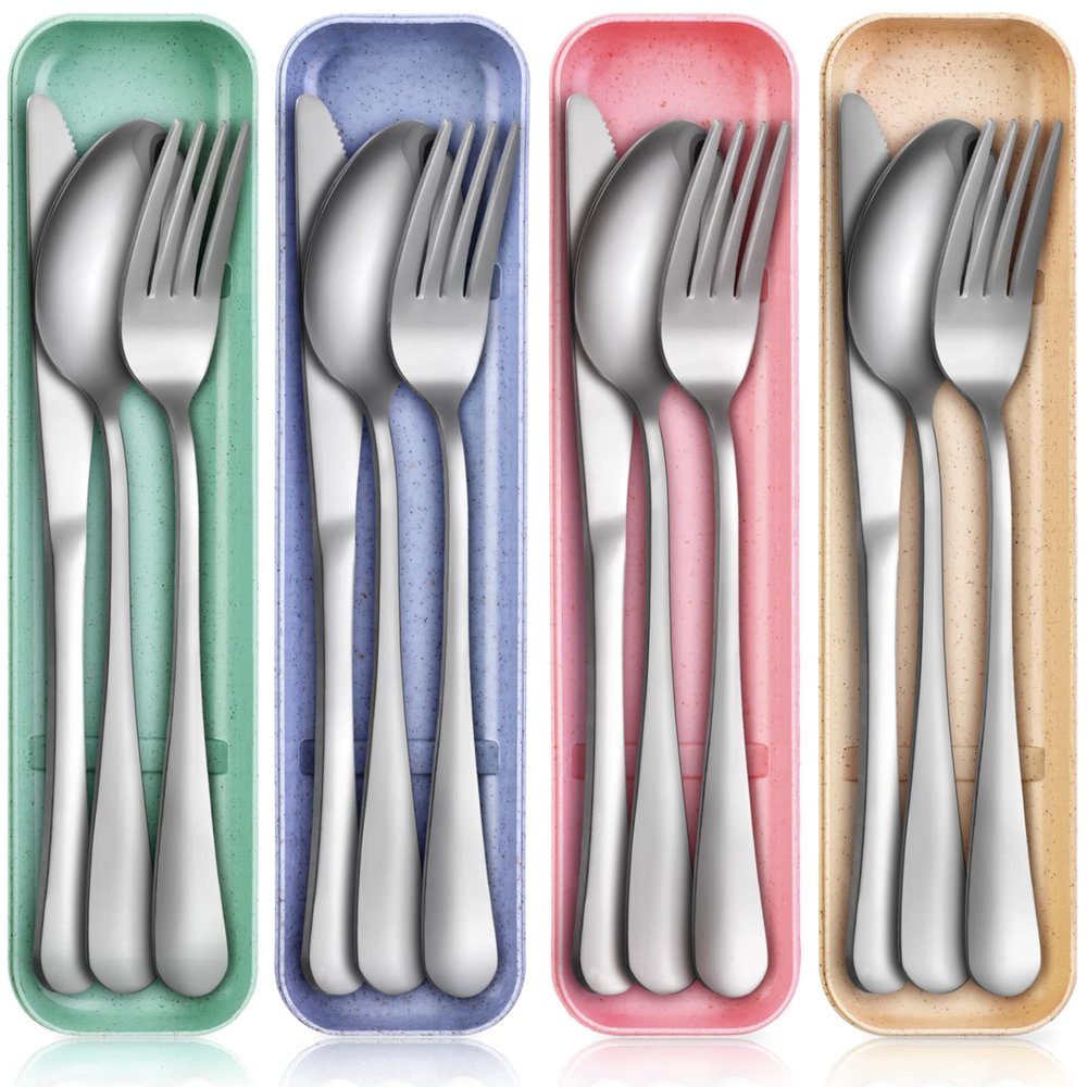 Yinkin 4 Pack Travel Silverware Set with Case for Lunch,Beige