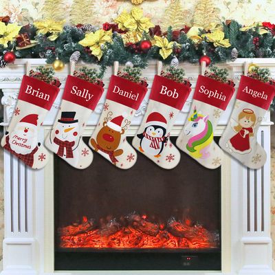 YOUBEMAGIC Set of 6, 18" Personalized Christmas Stocking with Embroidery Names for Family Decor Customized Linen Stocking(Santa Snowman Penguin Bear Unicorn Angel)