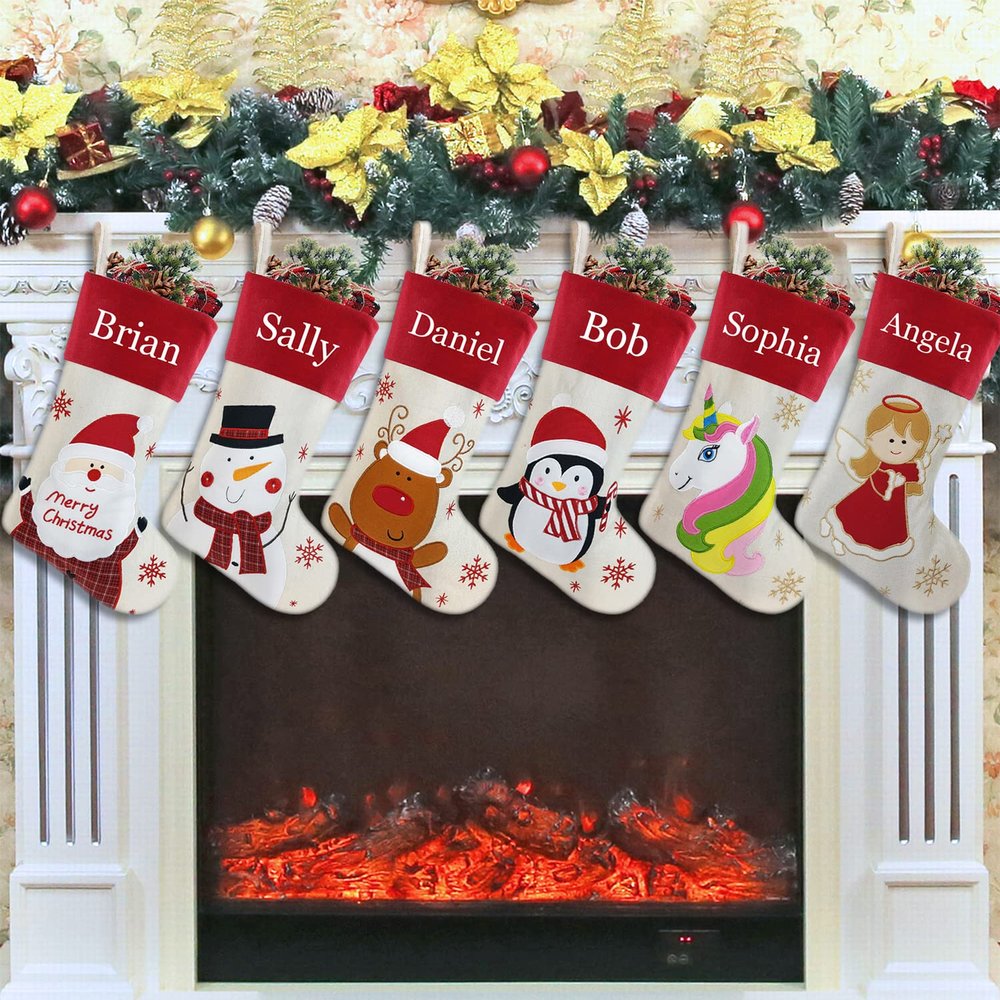 YOUBEMAGIC Set of 6, 18" Personalized Christmas Stocking with Embroidery Names for Family Decor Customized Linen Stocking(Santa Snowman Penguin Bear Unicorn Angel)