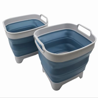 SAMMART 7.5L (2 Gallons) Collapsible Dishpan with Draining Plug - Foldable Washing Basin - Portable Dish Washing Tub - Space Saving y (Grey/Steel Blue (Set of 2), 2)