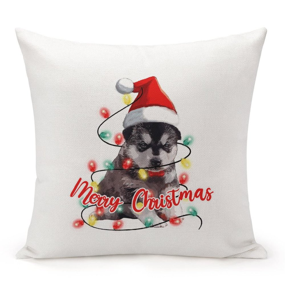TiuKiu Dog Mom Western Christmas Santa Hat Dog Decorative Throw Pillow Case Bearded Collie Dog Christmas Tree Lights Square Cushion Cover Pillowcase for Couch Sofa Bedroom Decor 26"x26"