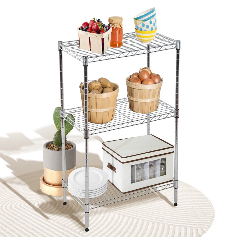 3-Tier Metal Shelving Adjustable Height 450Lb Capacity Small Wire Shelving Unit Solid Steel Storage Shelves Commercial Storage Rack for Kitchen Office Pantry Laundry (Chrome, 24"Lx14"Wx30"H)